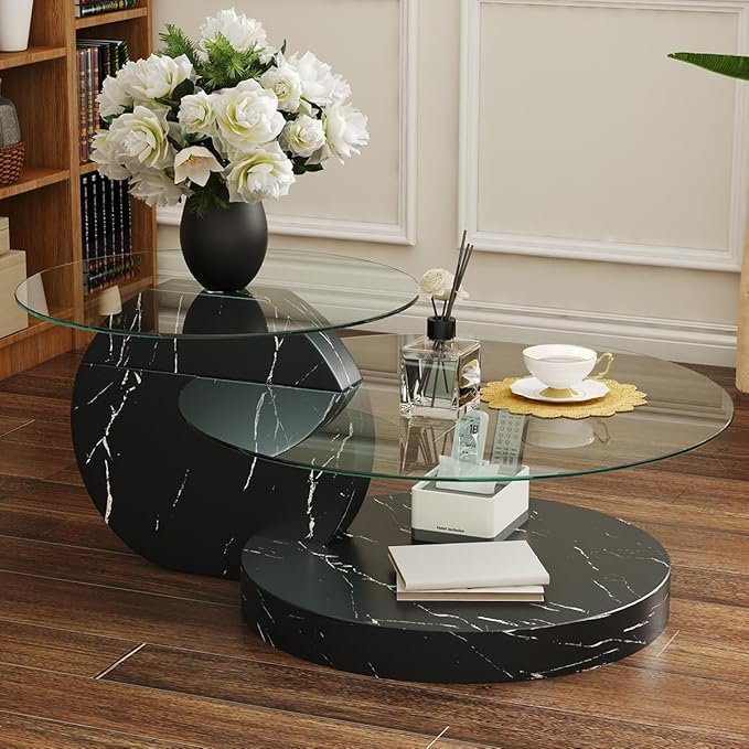 42 Inch Glass Coffee Table，Round Coffee Table with 2-Tier Tempered Glass Tabletop，Easy to Clean Circle Coffee Table with Sturdy Base for Living Room，Office (Black Marble Colored Base