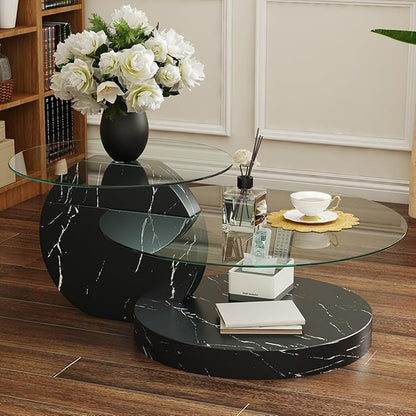 42 Inch Glass Coffee Table，Round Coffee Table with 2-Tier Tempered Glass Tabletop，Easy to Clean Circle Coffee Table with Sturdy Base for Living Room，Office (Black Marble Colored Base