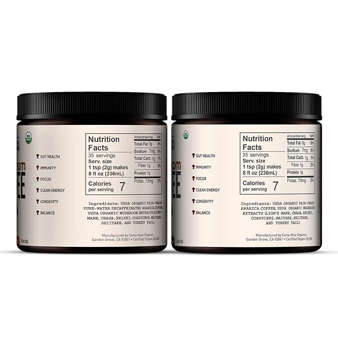 La Republica Organic Instant Mushroom Coffee (2.5oz) + Decaf (2.5oz) - 70 Servings with Coasters & Mixing Spoon - 100% Arabica with Lion's Mane, Reishi, Chaga, Cordyceps, Shiitake, Maitake, Turkey Tail
