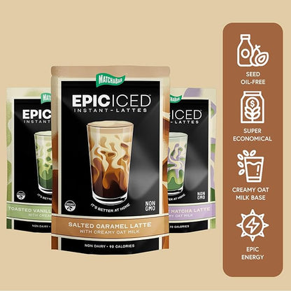 Matchabar Epic Iced Instant Latte Powder | Toasted Vanilla Matcha w/Oat Milk Base | Low Sugar, Non-Diary & Vegan Instant Iced Matcha Powder | Barista-Quality Creamy Latte Mix | 10 Servings