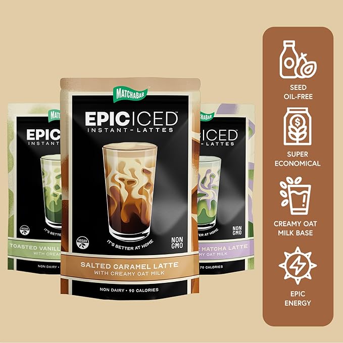 Matchabar Epic Iced Instant Latte Powder | Lavender Oat Matcha w/Oat Milk Base | Low Sugar, Non-Diary & Vegan Instant Iced Matcha Powder | Barista-Quality Creamy Latte Mix | 10 Servings
