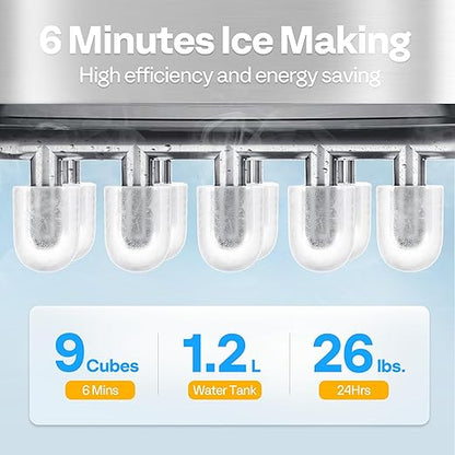 VIVOHOME Countertop Ice Maker 26lbs/Day 9 Ice Cubes in 6 Mins Ice Maker Machine with Hand Scoop and Self Cleaning Ice Cube Maker Red