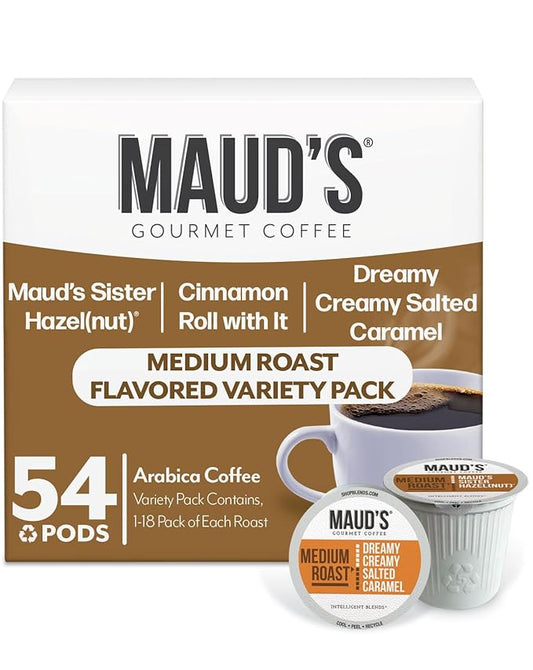 Maud's Salted Caramel, Sweet Hazelnut & Cinnamon Roll Flavored Pods Bundle, 54 ct, Medium Roast Flavored Coffee in Recyclable Single Serve Pods – 100% Arabica Coffee, Compatible with Keurig K Cups Maker