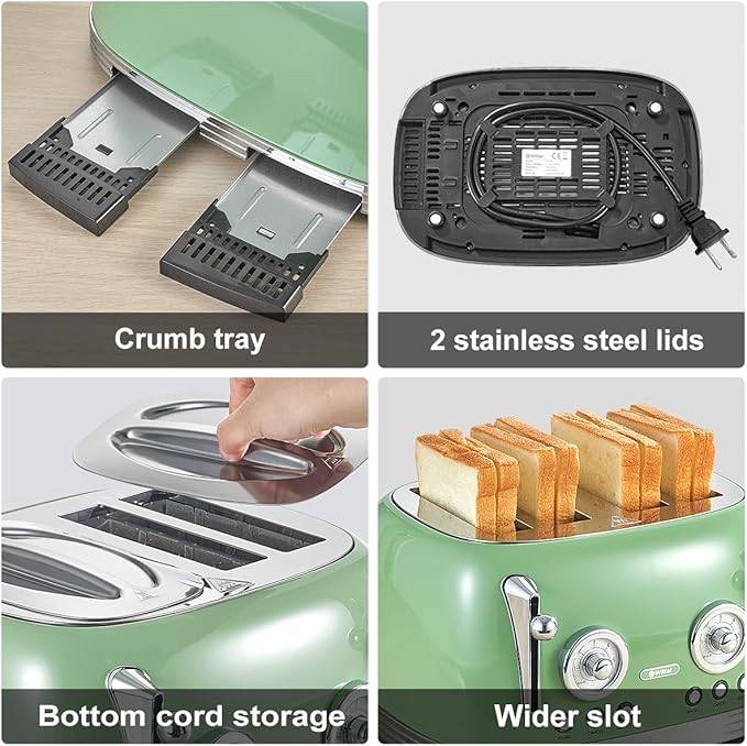 4 Slice Toaster, Retro Green Toaster, Bagel, With Stainless Steel Lid. Reheat, Defrost and Cancel Functions, Countdown Function, 6 Browning Levels, Stainless Steel Material, TR03