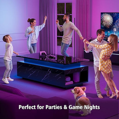 LED Coffee Table with Storage, Black Coffee Table with Wireless Charging and Speaker, High Glossy Modern Center Table with 24 Color LED Lights for Living Room Bedroom, Black