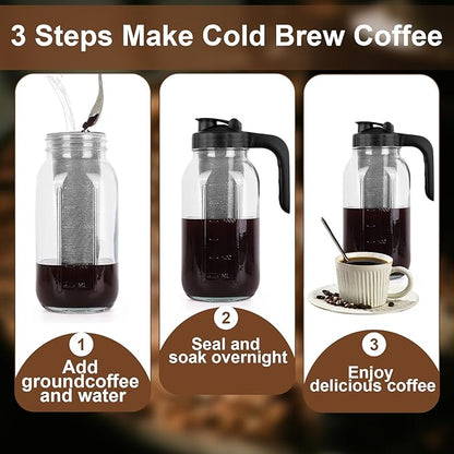 Cold Brew Coffee Maker Pitcher, 64 Oz Heavy Duty Glass Mason Jar Pitcher with V-shaped Pour Spout Handle Lid,Stainless Steel Filter for Iced Coffee,Iced tea,Fruit Drinks,lemonade - Black