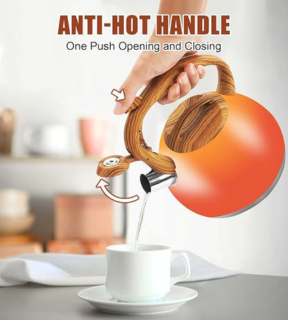 Tea Kettle Stovetop, 3.2Qt Stainless Steel Tea pots with Wood Grain Handle Food Grade Whistling Tea kettle,Induction/Gas Stoves (Orange-Red Gradient)