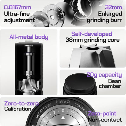 MAVO Manual Coffee Grinder, Shadow Wand Hand Coffee Grinder, Capacity 25g with CNC Stainless Steel Pentagon Conical Burr, Adjustable Setting, Burr Coffee Bean Grinder for Pour Over, Espresso (Silver)