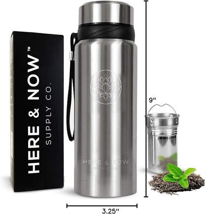 London Sip 25 oz Multi-Function Travel Mug and Tumbler Tea Infuser Water Bottle Fruit Infuser Flask Hot and Cold Double Wall Stainless Steel Coffee Thermos, Cosmic Silver