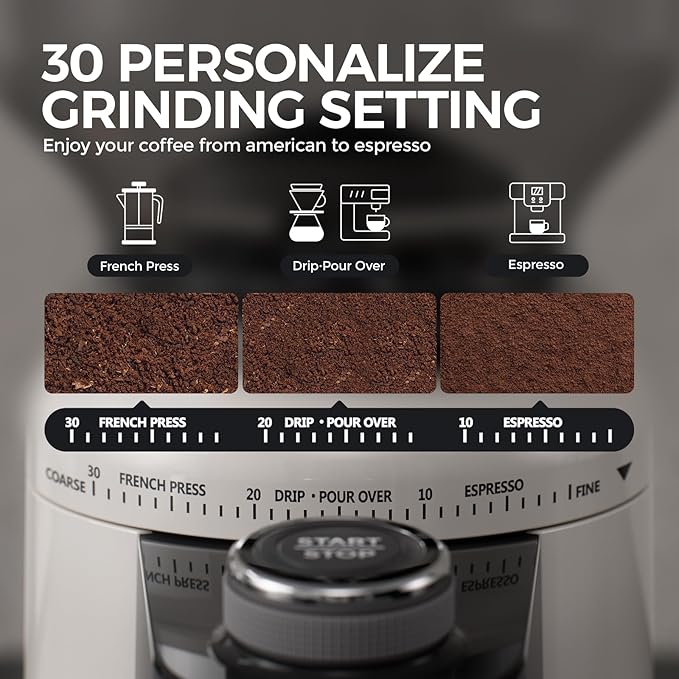 Electric Burr Coffee Been Grinder with Adjustable 24 Precise Grind Settings, 40s Digital Timer for French Press, Espresso, and Drip Pour Over, Home Use (White)