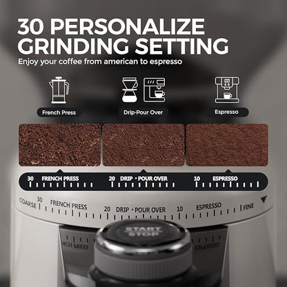 Electric Burr Coffee Been Grinder with Adjustable 24 Precise Grind Settings, 40s Digital Timer for French Press, Espresso, and Drip Pour Over, Home Use (White)