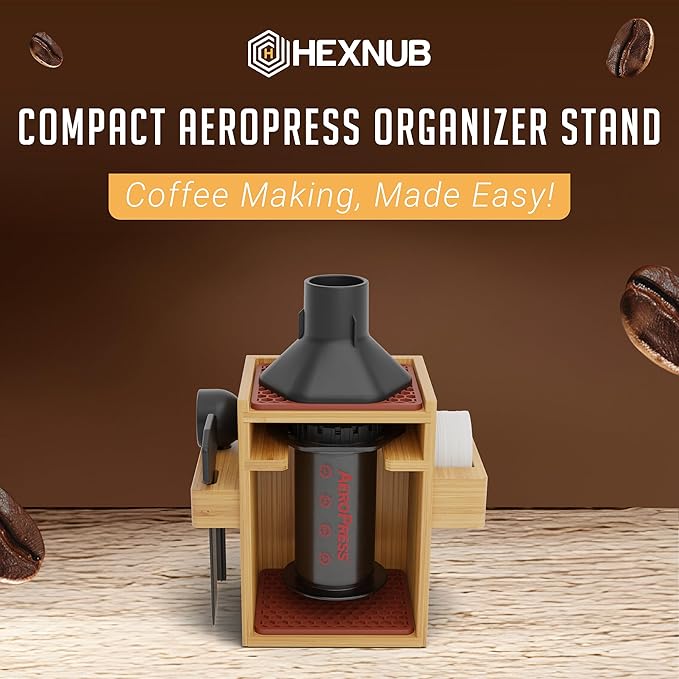 HEXNUB – Compact AeroPress Organizer Stand, Bamboo Coffee Caddy for AeroPress Coffee Maker, Accessories, Filters, Cups, Includes Mats - Brown