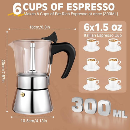 Induction Moka Pot, 6 Cups (10.6 oz) Crystal Glass-Top & Stainless Steel Moka Pot, Classic Stovetop Espresso Maker, Silver