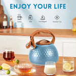 Load image into Gallery viewer, GGC Tea Kettle for Stove Top, Loud Whistling Kettle for Boiling Water Coffee or Milk, 3.1 Quart 3L Heavy Stainless Steel Blue Kettle with Wood Pattern Handle, Unique Button Control Kettle Outlet