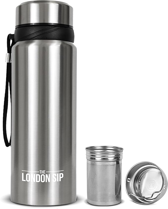 London Sip 25 oz Multi-Function Travel Mug and Tumbler Tea Infuser Water Bottle Fruit Infuser Flask Hot and Cold Double Wall Stainless Steel Coffee Thermos, Cosmic Silver
