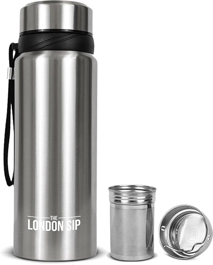 London Sip 25 oz Multi-Function Travel Mug and Tumbler Tea Infuser Water Bottle Fruit Infuser Flask Hot and Cold Double Wall Stainless Steel Coffee Thermos, Cosmic Silver
