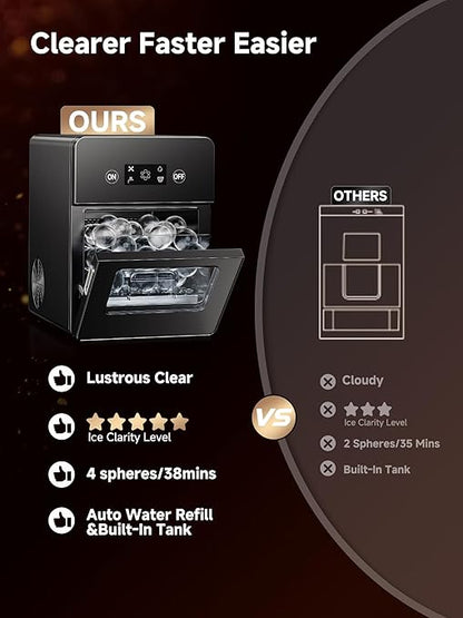 2" Clear Ice Ball Maker with ClearCore Technology, 150 pcs/Day, 4 pcs in 38 Mins, Sphere Ice Maker with Enhanced Insulation, Self-Cleaning, Automatic Water Supply for Whiskey & Bourbon
