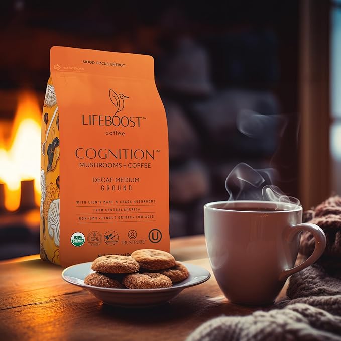Lifeboost Cognition Decaf Mushroom Coffee - Low Acid Decaf Medium Organic Coffee with Lions Mane & Chaga Mushrooms - Increase Energy, Boost Focus & Immune Support - 12 oz Bag - Ground