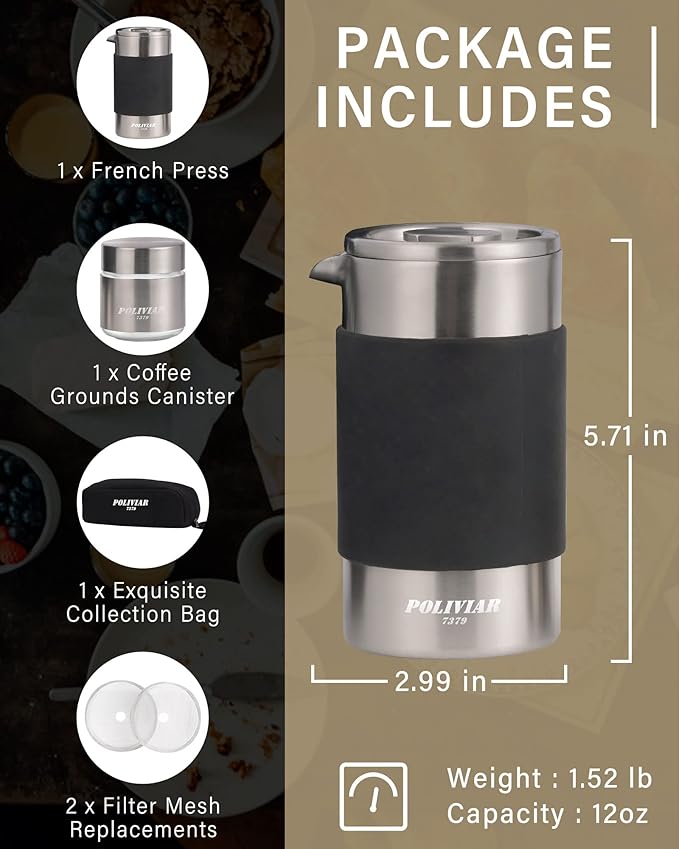 POLIVIAR French Press Coffee Maker, 12 oz Portable French Press with Mini Canister and Collection Bag, Double Wall Insulation & Dual- Filter Screen, Food Grade Stainless Steel for Coffee