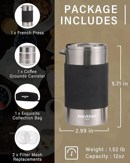 POLIVIAR French Press Coffee Maker, 12 oz Portable French Press with Mini Canister and Collection Bag, Double Wall Insulation & Dual- Filter Screen, Food Grade Stainless Steel for Coffee