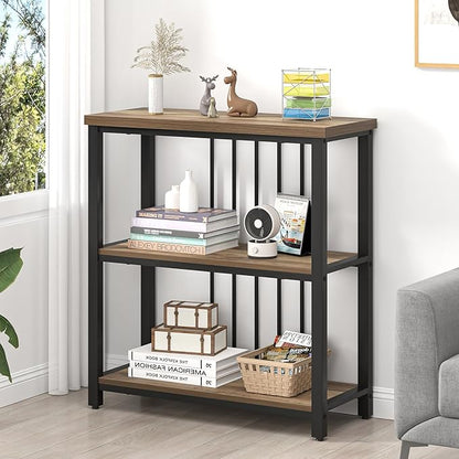 FOLUBAN Small Bookshelf and Bookcase, 3 Tier Open Book Shelf, Modern Metal and Wood Shelving Unit for Living Room Bedroom, Oak