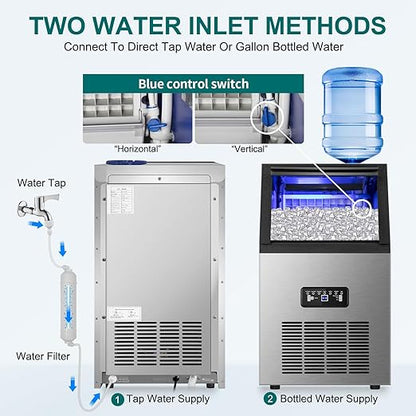 Commercial Ice Maker Machine 100Lbs/24H, 36Pcs Clear Ice Cubes Ready in 11-20Mins, Stainless Steel Under Counter Freestanding ice Machine with 23Lbs Ice Capacity for Home Party Bar, 2 Way Water Supply