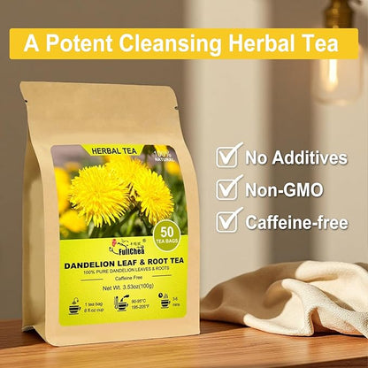 FullChea - Dandelion Leaf & Root Tea bags, 50 Teabags - Natural Dandelion Herbal Tea for Liver & Kidney Health - Non-GMO - Caffeine-free - Support Digestion & Boost Immune System