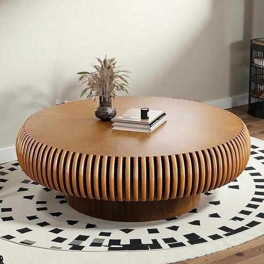 Round Fluted Coffee Table Modern Handcraft Drum Coffee Table with Sturdy Pedestal 39.37" Farmhouse Center Table Tea Table for Living Room, Reception Room, Entertainment Room (Brown 39.37")