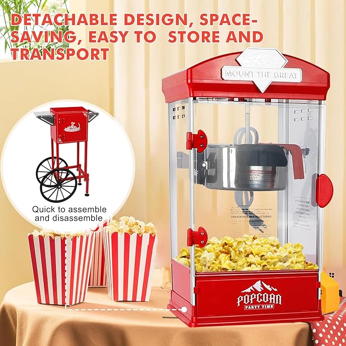 Popcorn Machine with Cart, Wheels & 10 Oz Kettle Popcorn Maker, Movie Theater Popcorn Maker Machine, Home Theater Popcorn Popper Measuring 3 Plastic Spoons