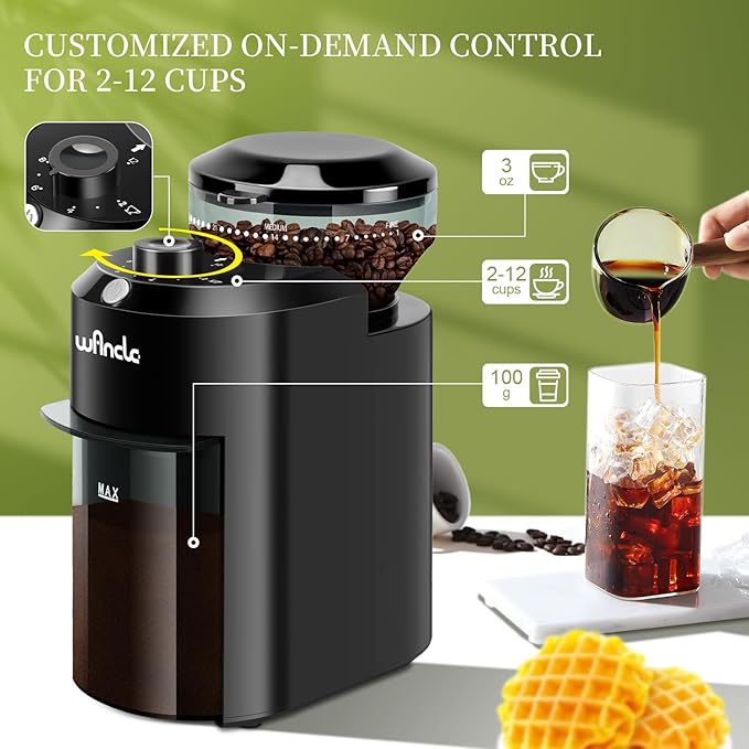 Wancle Electric Burr Coffee Grinder - Adjustable with 28 Precise Grind Settings for 12 Cups - Professional Coffee Bean Grinder (Plastic, Black)
