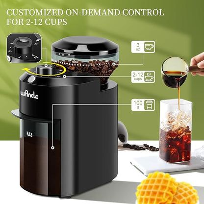 Wancle Electric Burr Coffee Grinder - Adjustable with 28 Precise Grind Settings for 12 Cups - Professional Coffee Bean Grinder (Plastic, Black)