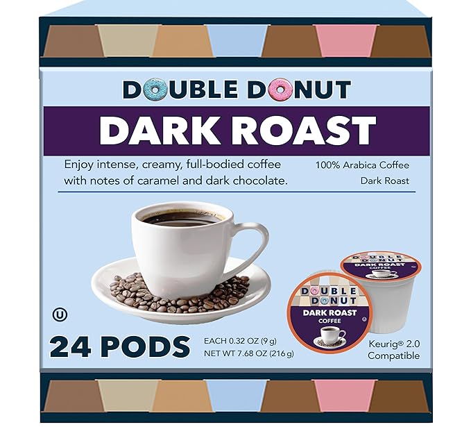 Double Donut Coffee Dark Roast Coffee Pods, Extra Bold Blend Coffee, Single Serve Coffee For Keurig K Cups Machines, Dark Roast Coffee in Recyclable Pods, 24 Count