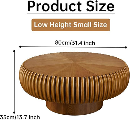Round Coffee Table 31.4" Modern Brown Fluted Coffee Table Low Round Drum Pedestal Coffee Tables for Living Room Farmhouse (Brown 31.4in)