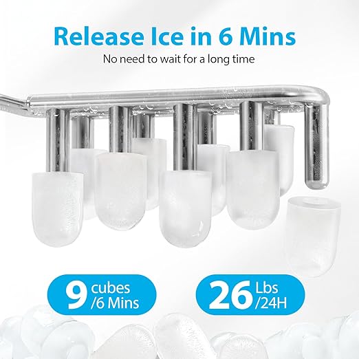 Aeitto Ice Makers Countertop, 26Lbs/24H, 9 Ice Cubes Release in 6 Mins, 2 Sizes of Bullet Ice Machine,Self-Cleaning Portable Ice Maker with Ice Scoop and Basket for Home Kitchen Office Bar RV, White