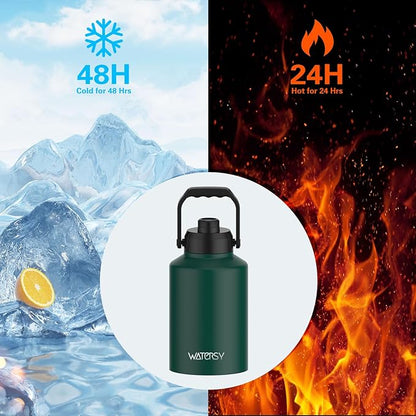 Half Gallon Water Bottle Insulated(Cold for 48 Hrs),BPA Free&Leak Proof,64oz Stainless Steel Water Jug/Flask,Big thermo,Large Water Bottle with Handle for Gym,Hiking,Camping,Dark Green