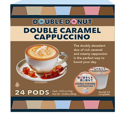 Double Donut Coffee Cappuccino Pods, Caramel Cappuccino, Single Serve for Keurig K Cups Brewers, 24 Count