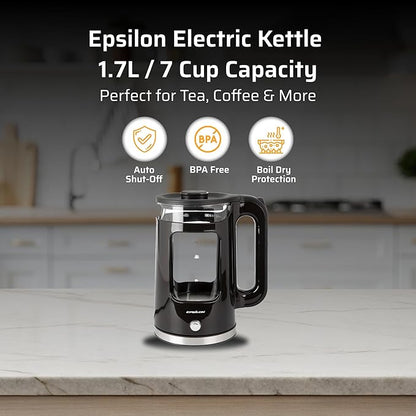 Epsilon 1.7L Glass Electric Kettle – Hot Water Tea Kettle with LED Light, Stainless Steel & Borosilicate Glass, Auto Shut-Off, BPA-Free Electric Teapot, 1100W Fast Boil, Cool Touch