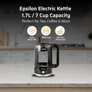 Epsilon 1.7L Glass Electric Kettle – Hot Water Tea Kettle with LED Light, Stainless Steel & Borosilicate Glass, Auto Shut-Off, BPA-Free Electric Teapot, 1100W Fast Boil, Cool Touch