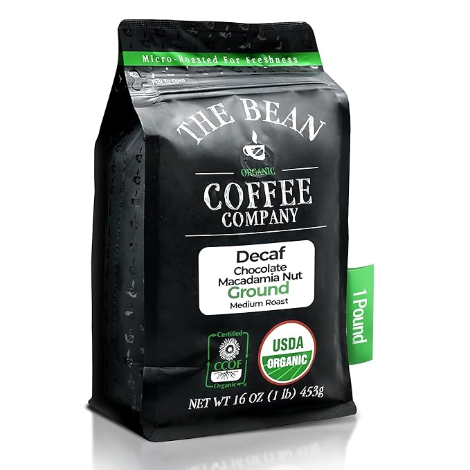 The Bean Organic Coffee Company Water Processed DECAF Chocolate Macadamia Nut, Medium Roast, Ground Coffee, 16-Ounce Bag, Café Molido Tostado Orgánico descafeinado
