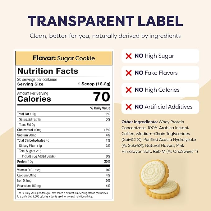 Sugar Cookie Protein Iced Coffee - Premium Whey Protein & Instant Iced Coffees - 100% Natural Cold Brew Coffee - Zero Artificial Flavors & Sweeteners, 80 mg Caffeine, 0g of Sugar, 20 Servings