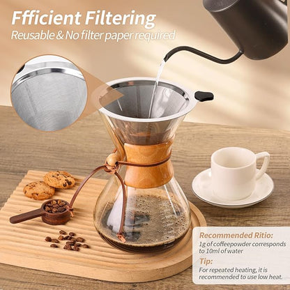 Pour Over Coffee Maker 34 OZ, 10 Cup Borosilicate Glass Drip Coffee Maker with Reusable Stainless Steel Filter and Cork Grip for Home Café 1000 ML