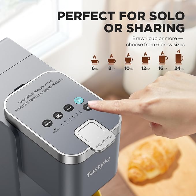 Single Serve Coffee Maker, Iced and Hot Coffee Machine for K Cup & Grounds, Compact Design, 40oz Removable Water Reservoir, 6 to 24 Oz Brew Sizes, Fits 7.3" Travel Mug, Gray