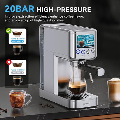 Espresso Machine 20 Bar with Milk Frother, Stainless Steel Coffee Maker with 42 oz Removable Water Tank for Cappuccino, Latte&Cold Brew, Home&Office, Silver
