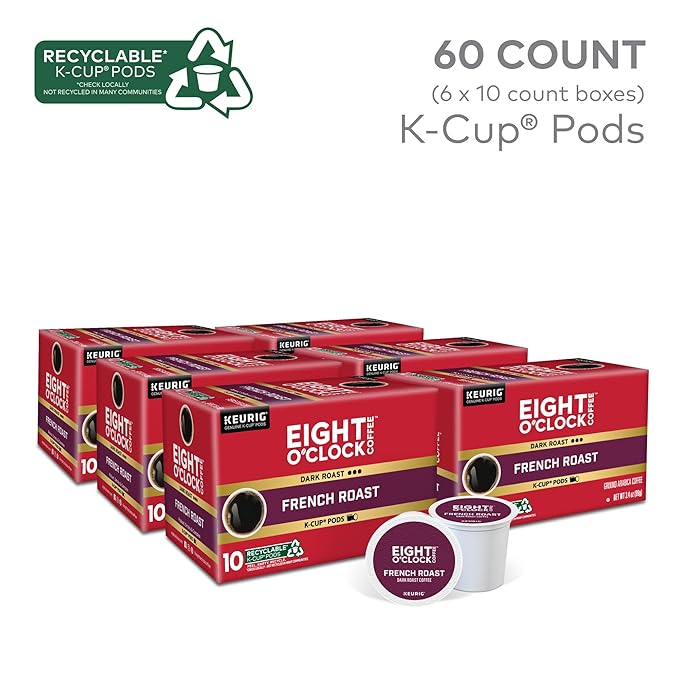 Eight O'Clock Coffee French Roast, Single-Serve Coffee K-Cup Pods, Dark Roast, 60 Count (6 packs of 10)