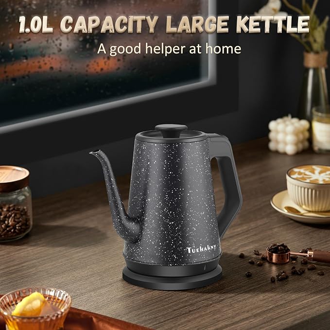 Gooseneck Electric Kettle 1.0L, 1000W Quick Heat-Up In 3 Min, 100% Stainless Steel Tea Kettle, Pour Over Coffee Kettles For Office/Travel/Kitchen, Auto Shut-Off Protection, Black Star Design, BPA-Free