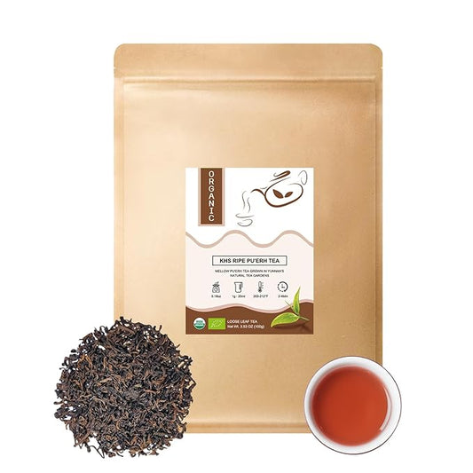 Organic Pu Erh Tea, USDA Certified Aged Fermented Organic Ripe Puerh Tea Loose Leaf Black Tea, No Dust Production Workshop, Chinese Yunnan Ancient Tree Puer Tea Perfect for Hot Brew, 3.5 Oz