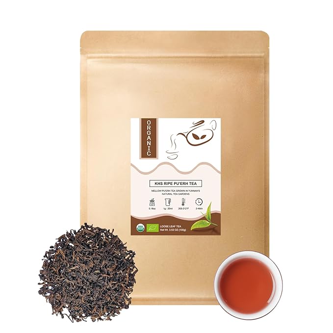 Organic Pu Erh Tea, USDA Certified Aged Fermented Organic Ripe Puerh Tea Loose Leaf Black Tea, No Dust Production Workshop, Chinese Yunnan Ancient Tree Puer Tea Perfect for Hot Brew, 3.5 Oz