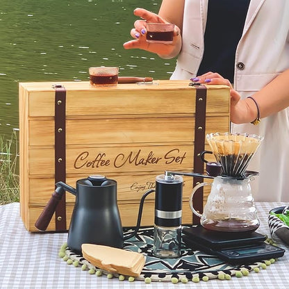 SOTECH Pour Over Manual Coffee Maker Set 2 Cup Coffee Dripper with Wooden Suitcase Coffee Kettle Scale Bean Grinder All In 1 Traveling Camping Hiking