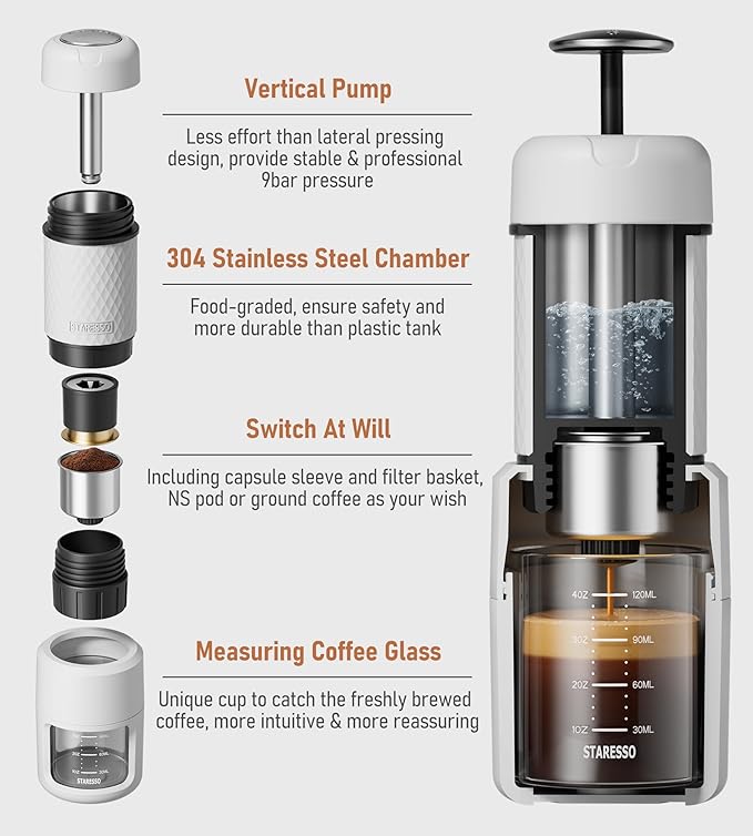 STARESSO Classic Portable Espresso Maker, 2 IN 1 Travel Coffee Maker Compatible Ground Coffee & NS Original Pods, Espresso Machine with Stainless Steel Chamber for Travel Camping, Manually Operated