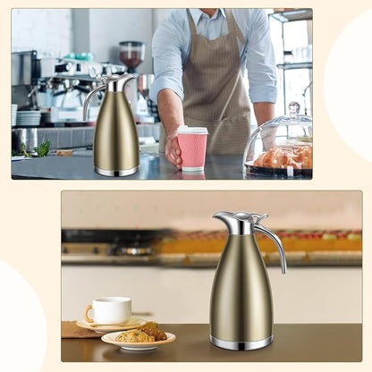 Uiifan 2 Pcs 68 oz Thermal Coffee Carafe Insulated Stainless Steel Coffee Carafe for Hot Liquids Vacuum Thermal Pot Creamer Dispenser with Brushes Keeping Hot Tea Milk Water(Champaign Gold)